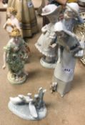 A Lladro figure of a woman with basket of bread and puppy at her feet,