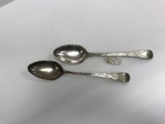 A pair of George III silver bright cut tablespoons bearing ownership initials "JAC" (by John