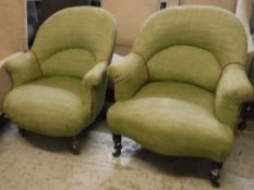 Two similar tub chairs with lime green upholstery,
