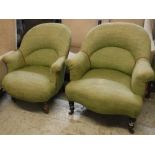 Two similar tub chairs with lime green upholstery,