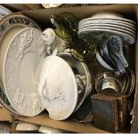 A box containing Furnivals "Quail" pattern part dinner service in blue,