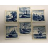 A collection of six small Delft tiles depicting seascapes and landscapes, 7.5 cm x 7.