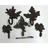 Two oak leaf and acorn decorated wall hooks, approx 19 cm high, a pair of bird decorated wall hooks,