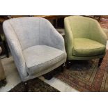 A pair of modern tub chairs, one with grey upholstery, the other in lime green,
