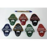 A collection of seven modern cast metal bottle openers, varying colours and names, to include GWR,
