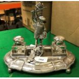 A Victorian electroplated desk/ink stand by James Deakin with central figural epergne stand as St.