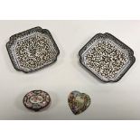 A pair of 19th Century enamelled pin dishes of square form with inset corners,
