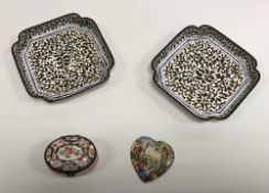 A pair of 19th Century enamelled pin dishes of square form with inset corners,