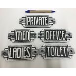 A collection of five modern painted cast metal signs in the Art Deco manner "Office, "Men",