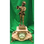 An early 20th Century French mantel clock with spelter figure bearign label "Propos Glan par