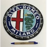 A modern painted cast metal sign "Alfa Romea Milano",