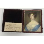 EARLY 19TH CENTURY ENGLISH SCHOOL "Lady in white dress with blue sash, her hair in ringlets",
