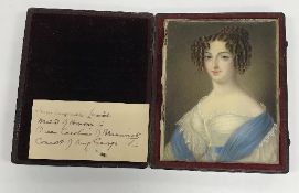 EARLY 19TH CENTURY ENGLISH SCHOOL "Lady in white dress with blue sash, her hair in ringlets",