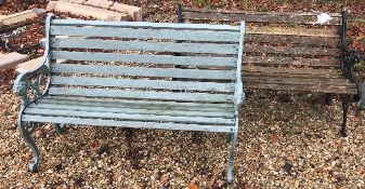 Two painted metal and slatted wooden garden benches,