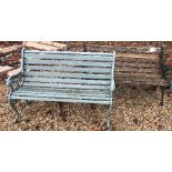 Two painted metal and slatted wooden garden benches,