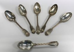 A set of six William IV silver "Fiddle, Thread and Shell" pattern tablespoons (by William Theobalds,