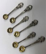 A set of six Victorian silver salt spoons with shell and acanthus finials,