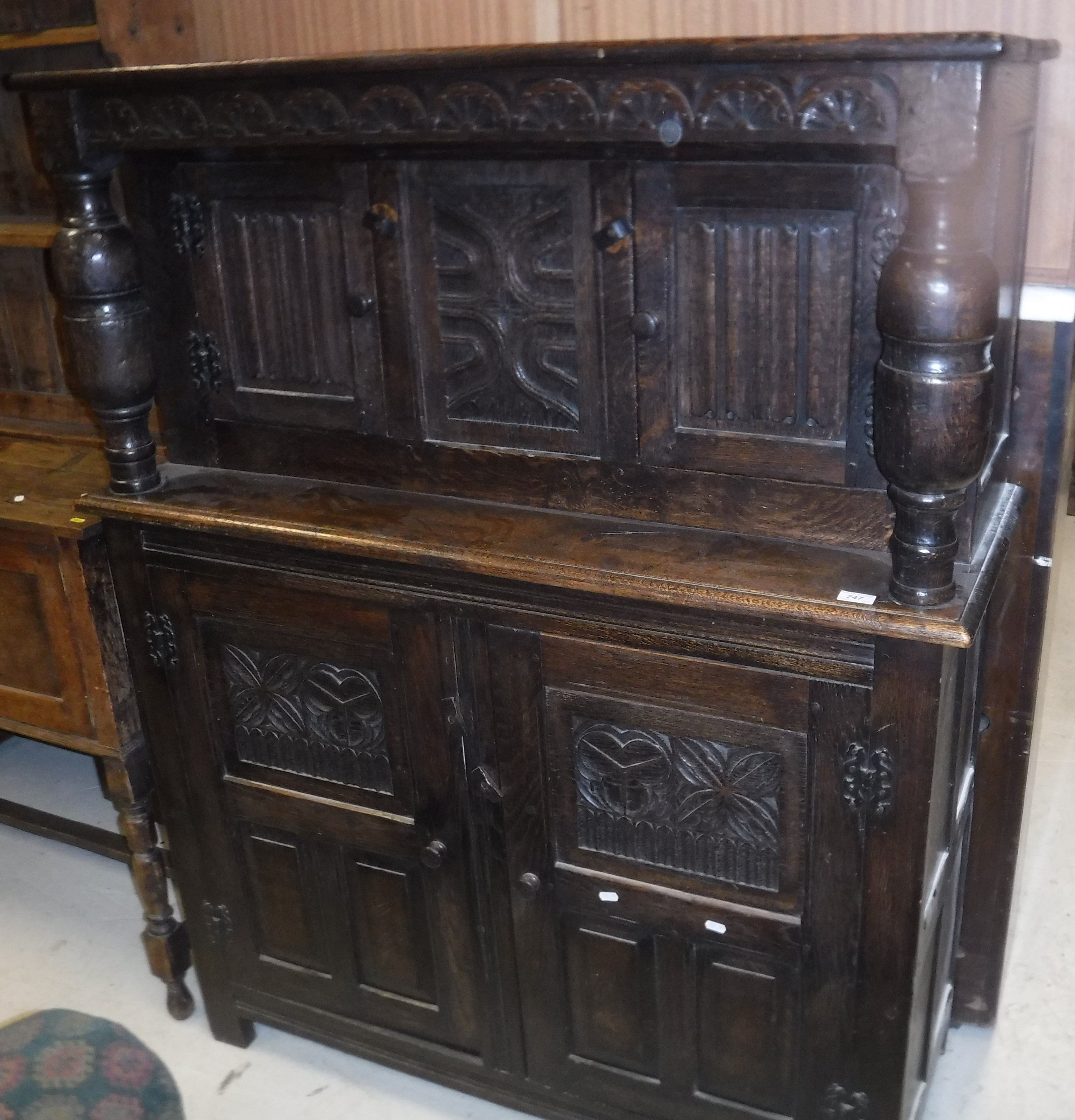 A Victorian oak court cupboard with carved decoration in the 17th Century manner, - Image 2 of 2