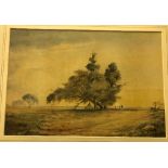 L TRAVERS "Rural landscape with figure beside campfire and tent mid ground" (possibly Australia),