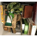 A box of assorted vintage games, etc, to include a pair of miniature golf woods stamped "J.