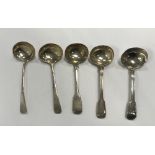 A collection of five various silver sauce ladles - two "Fiddle and Thread" pattern,
