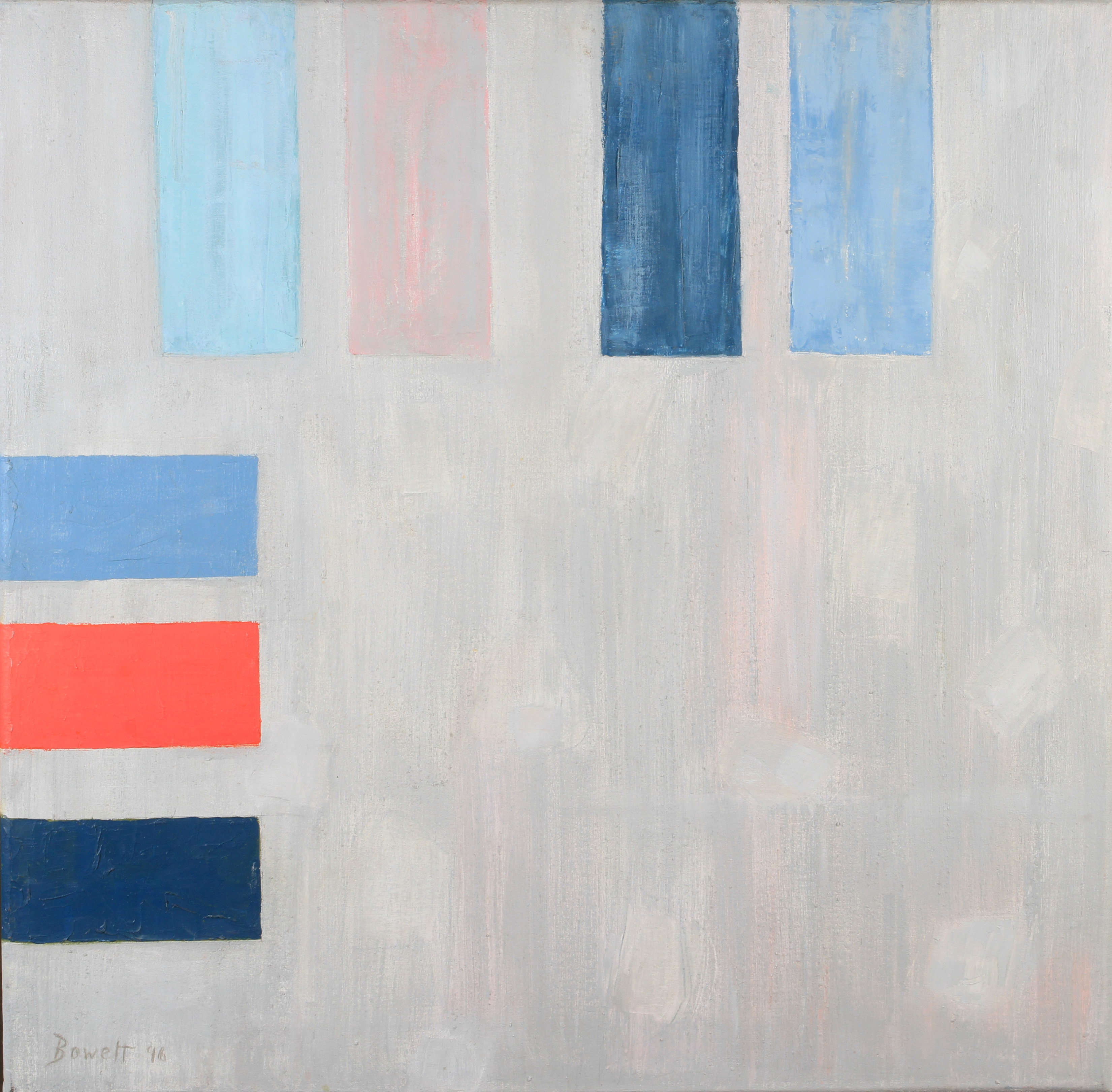 ARR DRUIE BOWETT (1924-1998) ' Accent Perimeter: Quiescence with Red' Oil on canvas, signed and