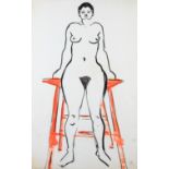 ARR DRUIE BOWETT (1924-1998) Female nude leaning against a table, ink and orange watercolour,