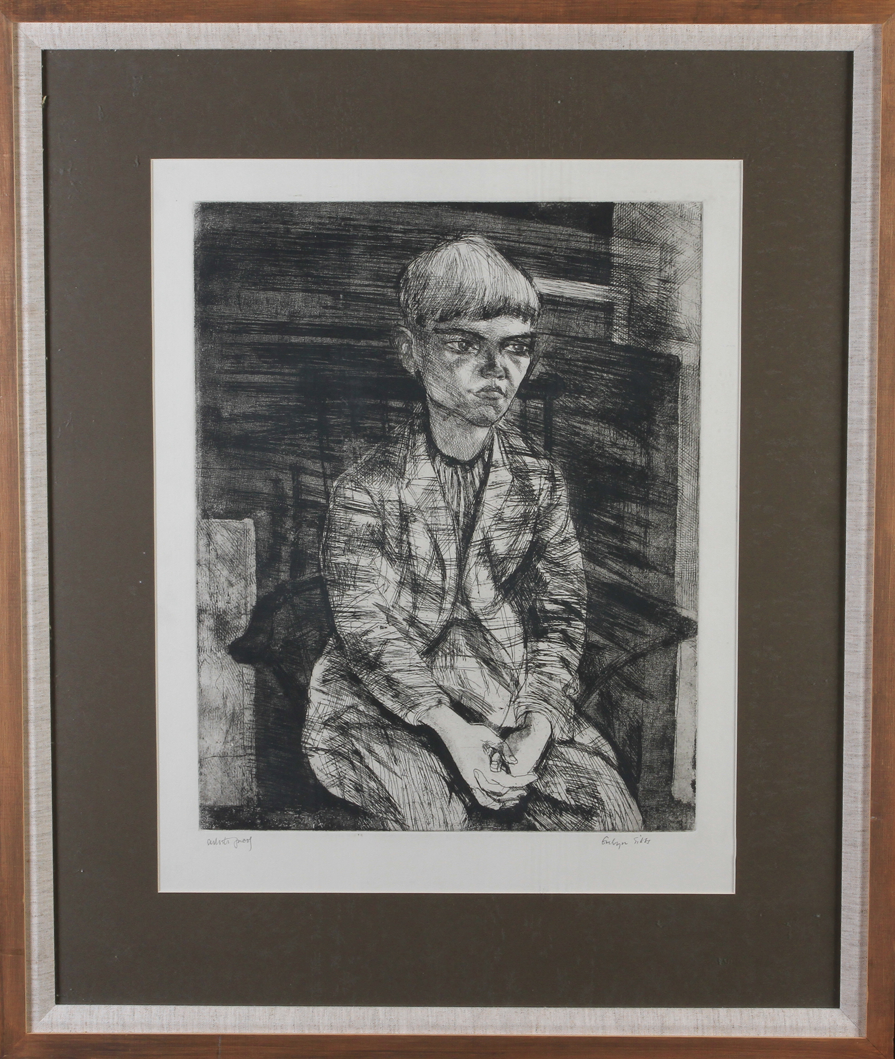 ARR EVELYN MAY GIBBS (1905-1991) Young boy, portrait, three-quarter length sitting with hands - Image 4 of 4