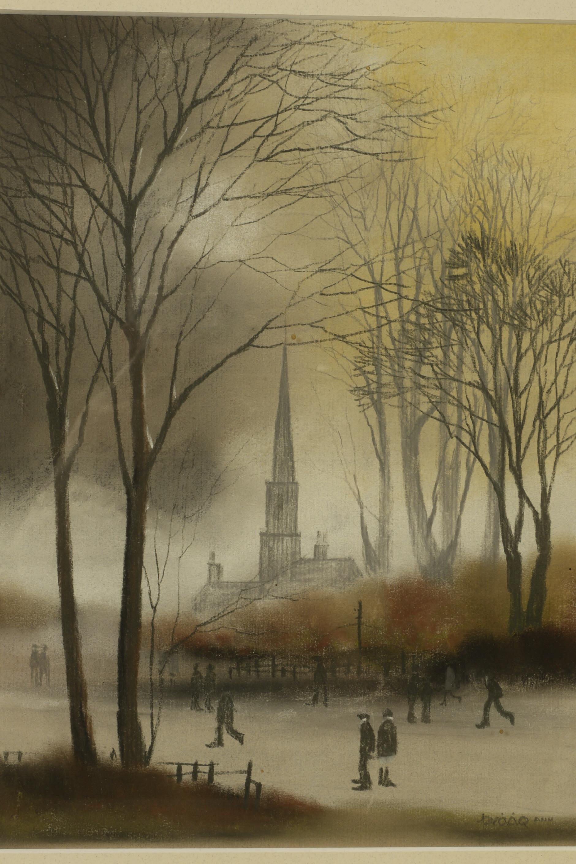 ARR BRIAN SHIELDS 'BRAAQ' (1951-1997) Church amongst winter trees with figures, pastel, signed braaq