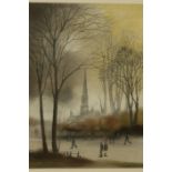 ARR BRIAN SHIELDS 'BRAAQ' (1951-1997) Church amongst winter trees with figures, pastel, signed braaq