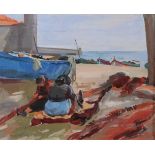 ARR PHILIP NAVIASKY (1894-1983) Spanish fisherwomen sitting mending nets amongst the beached