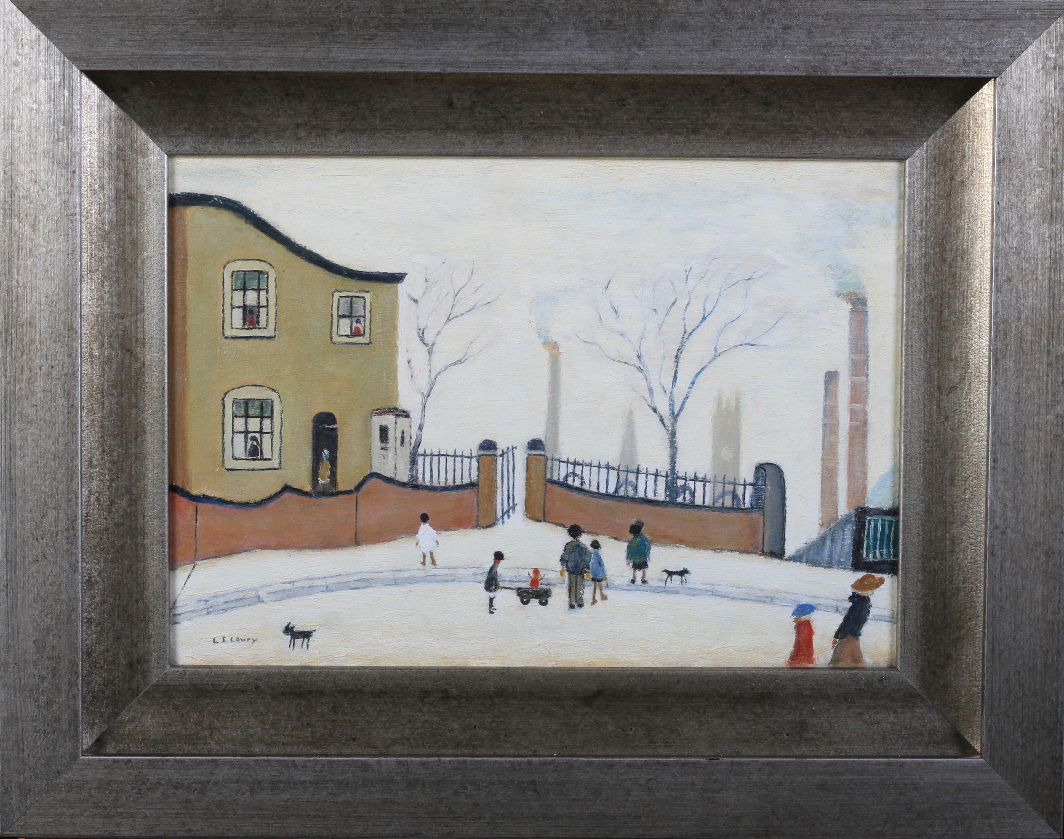 ARR LAURENCE STEPHEN LOWRY RBA RA (1887-1976) 'Street Scene Outside A House' Family and dogs - Image 2 of 7