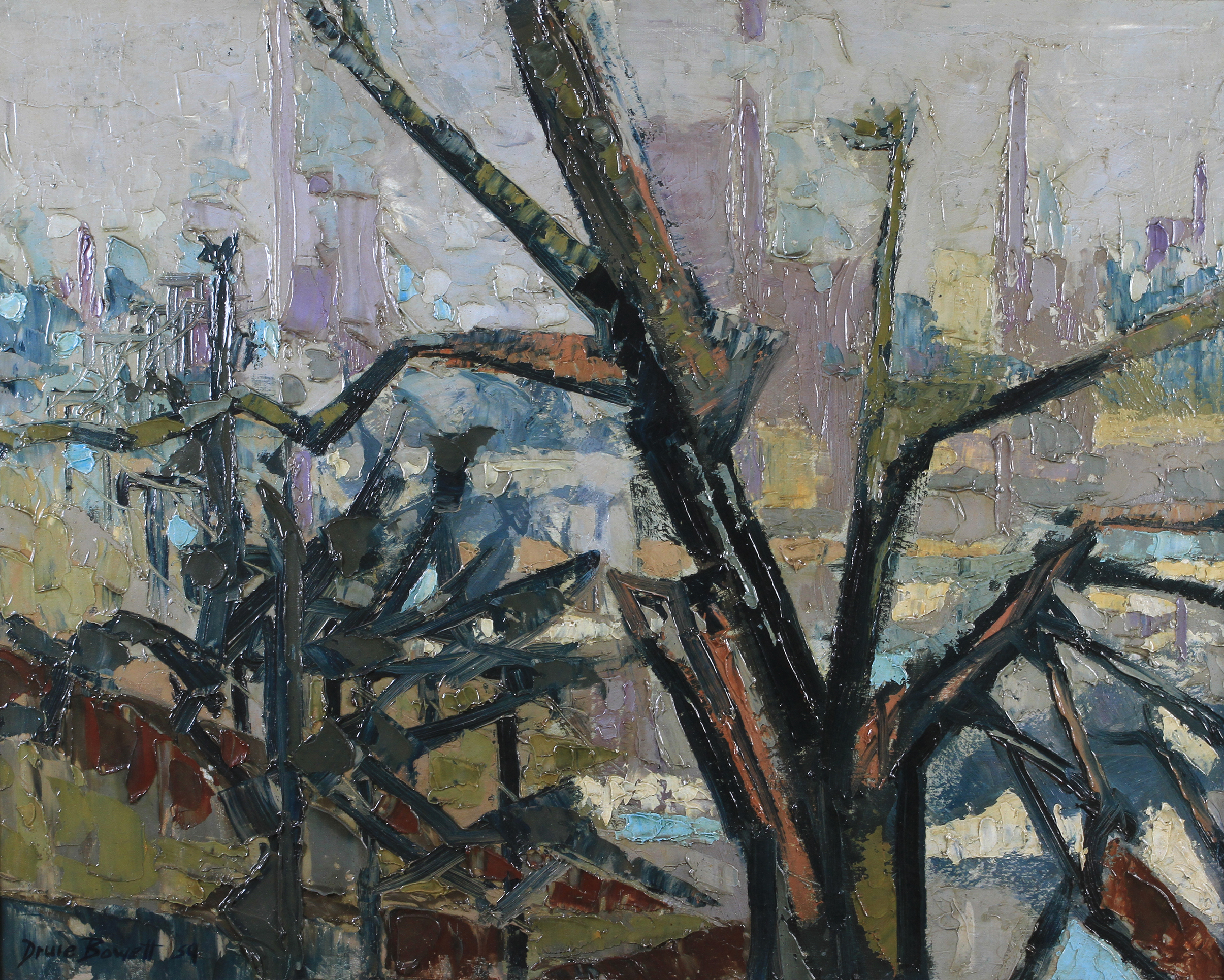 ARR DRUIE BOWETT (1924-1998) 'Industrial Landscape' Oil on canvas, signed and dated (19)59 to