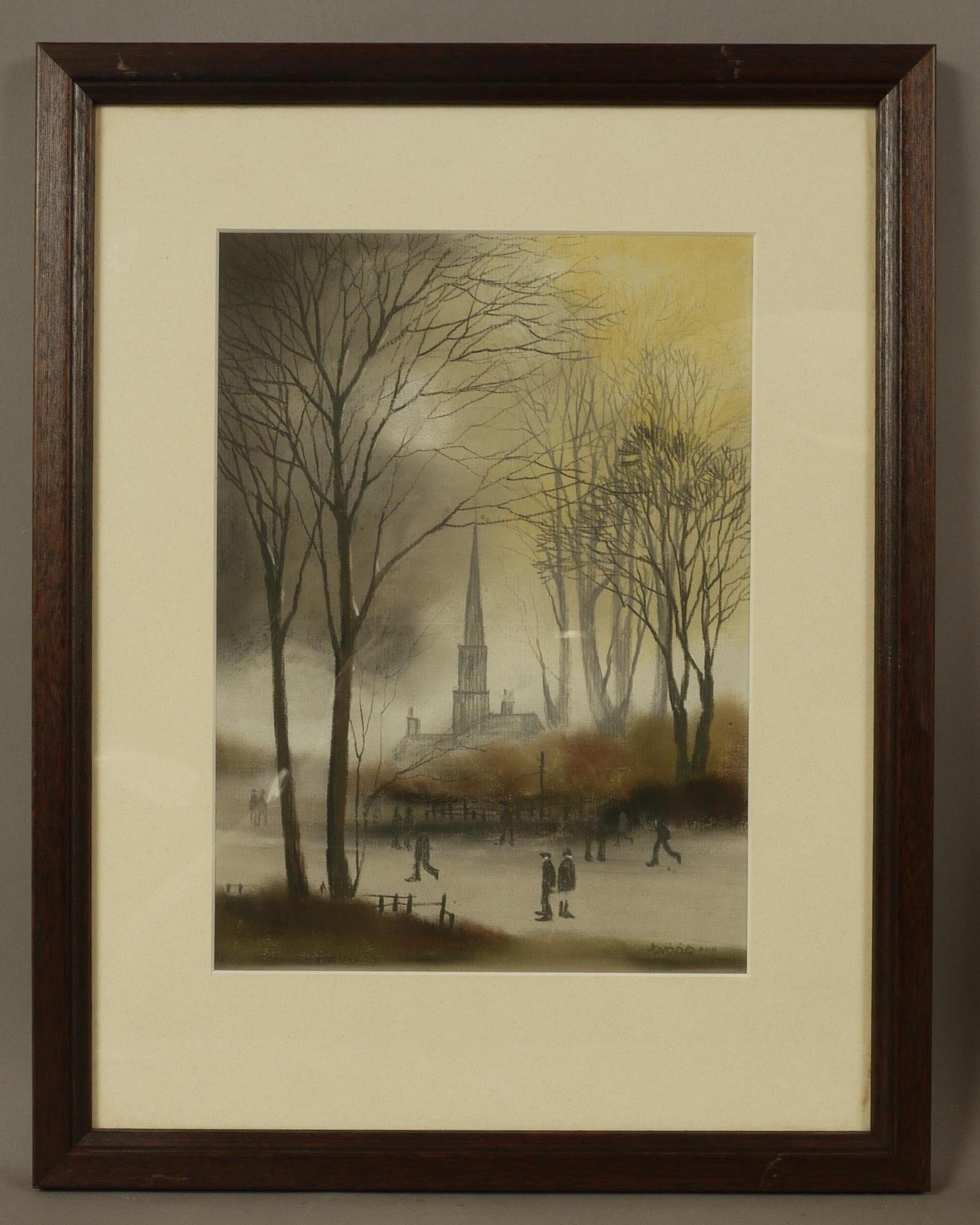 ARR BRIAN SHIELDS 'BRAAQ' (1951-1997) Church amongst winter trees with figures, pastel, signed braaq - Image 2 of 3