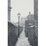 ARR STUART WALTON (b.1934), Tunis Street, alleyway with lamp post, pencil, signed and dated (19)77