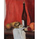 ARR PHILIP NAVIASKY (1894-1983), Still life of fruit and wine bottle on a table, oil on board,