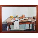 TIM WALSH (20th/21st century) Still life of a cricket ball and bat beside a cap and whites, on a