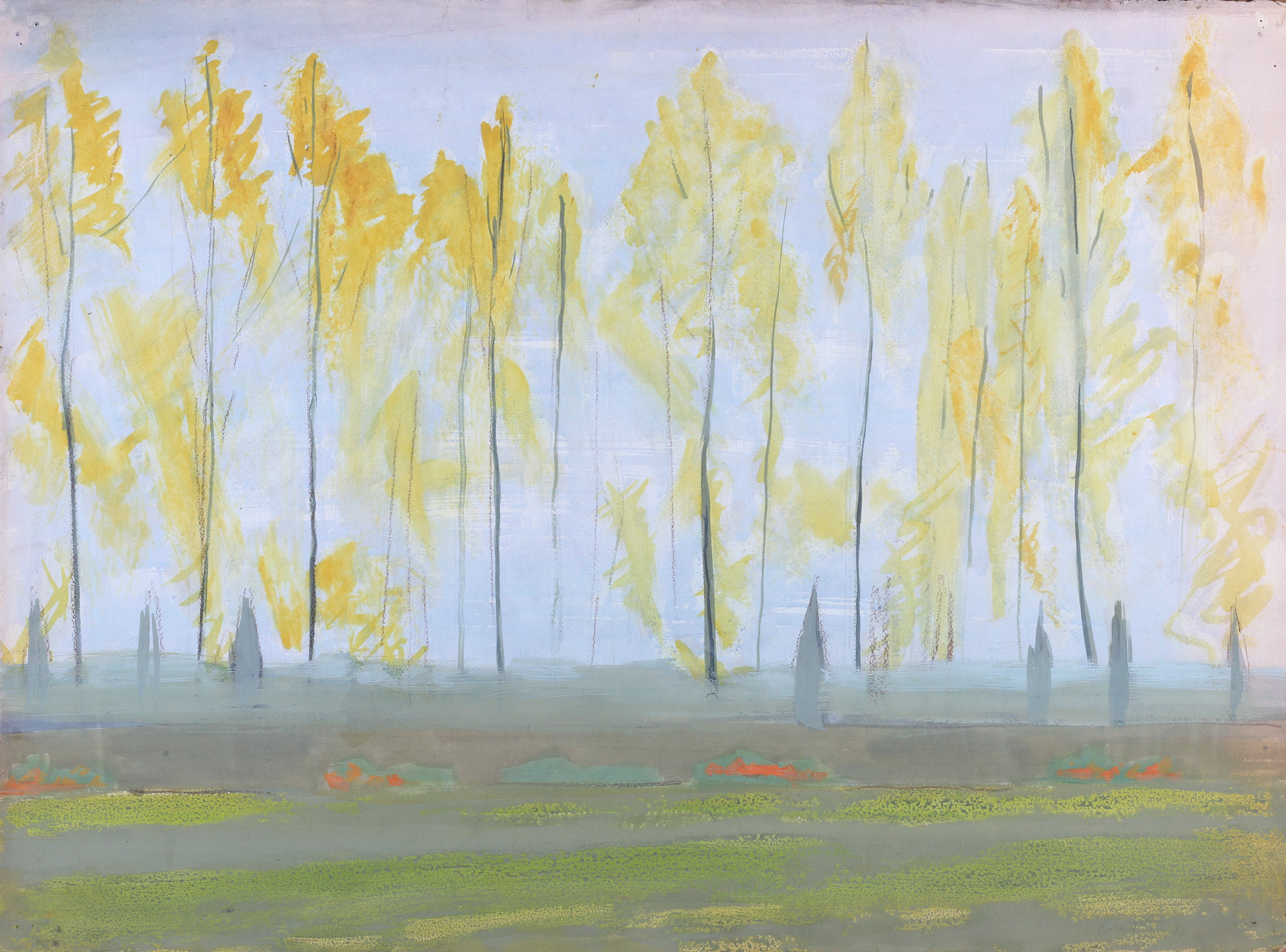 ARR DRUIE BOWETT (1924-1998) Landscape with yellow trees, watercolour and crayon, signed and