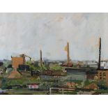 BRITISH SCHOOL (mid 20th century), Industrial townscape with railyard, gouache on buff paper, 51cm x