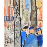 ARR DRUIE BOWETT (1924-1998) French street scene with three men dressed in blue, in conversation,