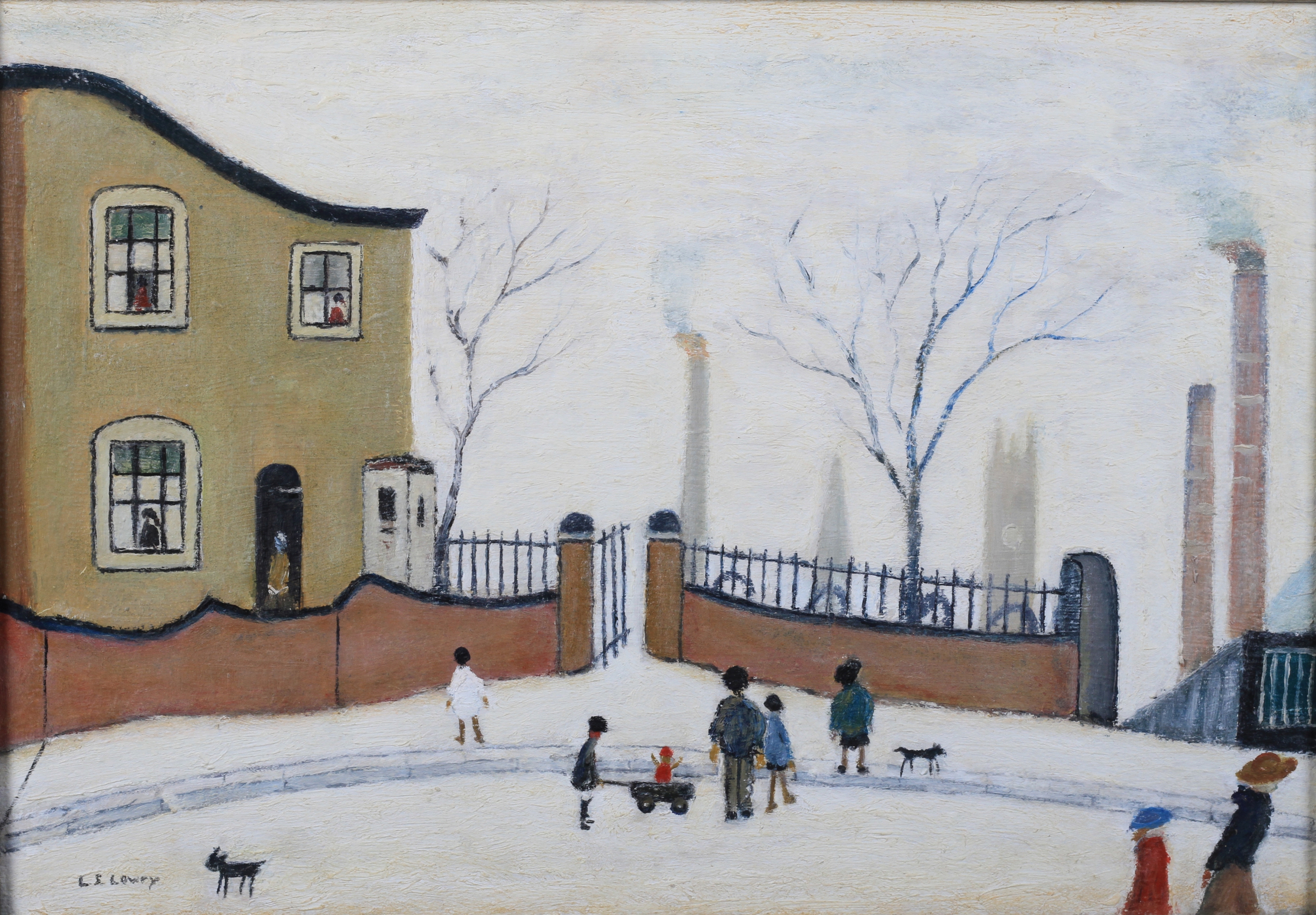 ARR LAURENCE STEPHEN LOWRY RBA RA (1887-1976) 'Street Scene Outside A House' Family and dogs
