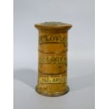 A Victorian boxwood three compartment spice tower the shallow domed cover above three cylindrical
