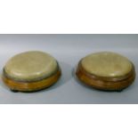 A pair of Victorian inlaid walnut circular stools the splayed moulded bases with quatrefoil inlaid