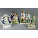 Four Staffordshire flatback figure groups: Tam O Shanter, Scottish lad and lass with dog, another