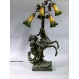 A reproduction resin figural lamp modelled as pair of lovers riding a horse with four shaded glass