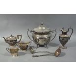 A quantity of silver plated ware, comprising two handled tureen cover and ladle; a three piece