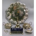 A George III silver plated on copper wine funnel, a George III style shaped circular salver, two