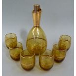 A Murano glass decanter and set of six tumblers, each decorated with bands of flowerheads,