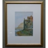 Percy Jacklin - Staithes, North Yorkshire, cottage in harbour, watercolour, J P monogram to lower