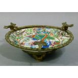 A brass mounted circular Cantonese famille rose saucer dish painted to the centre with figures in